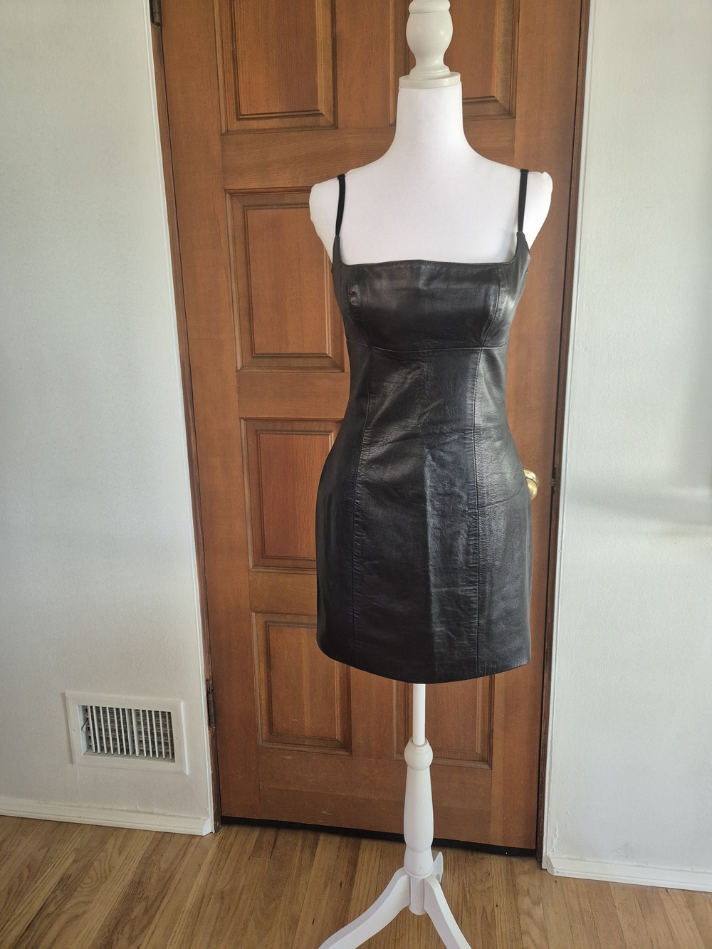 Carmen Marc Valvo Genuine Black Leather Mini Dress with Spaghetti Straps